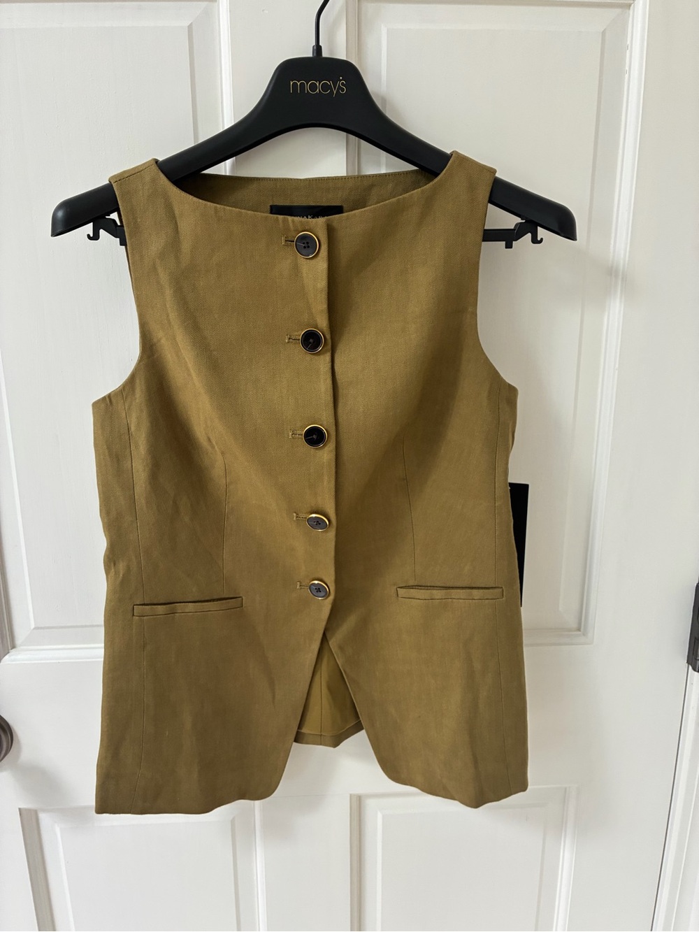 NWT Donna Karan New York Olive Gold-Trim Button Linen Vest 2P